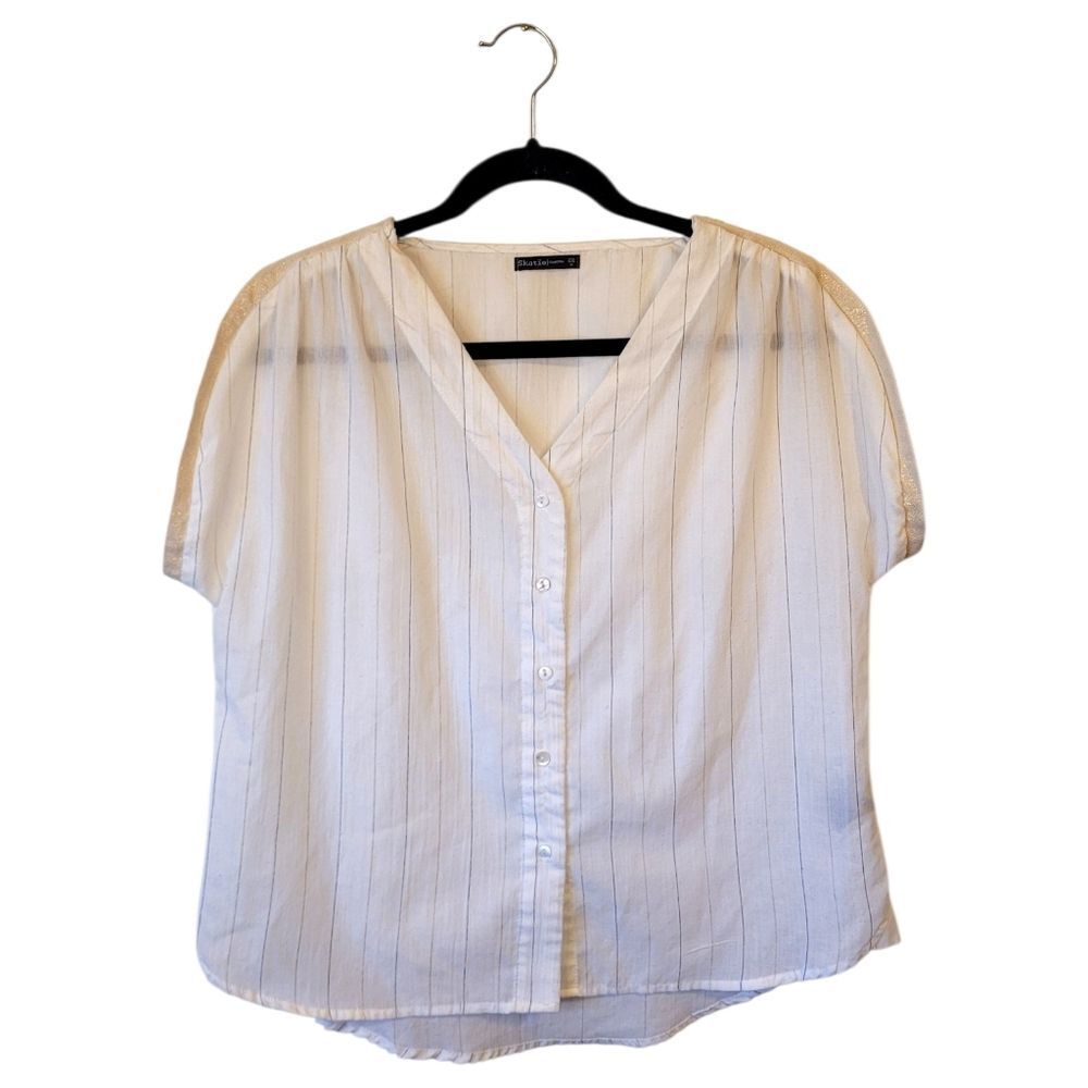 Skatie White Metallic Stripe 100% Cotton Button Down Shirt Women's Size S